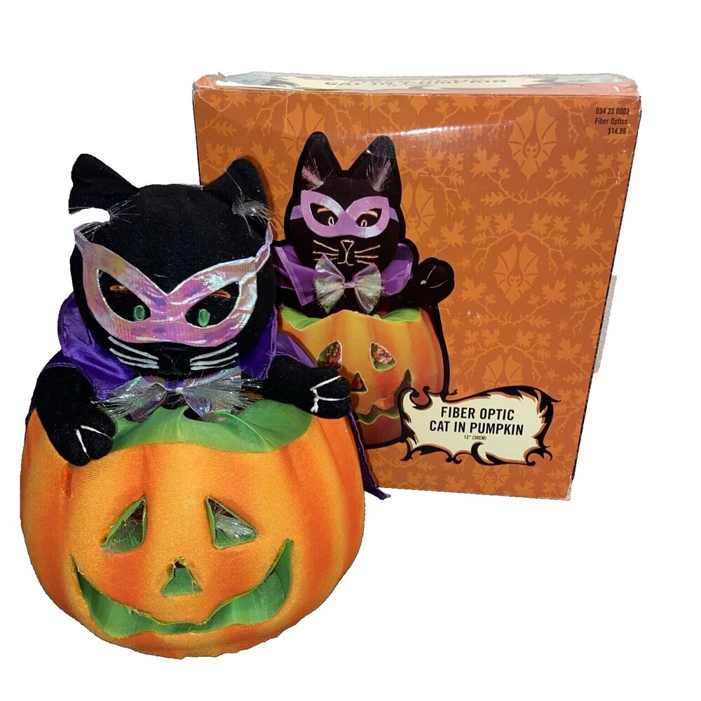 Fiber Optic Jack O Lantern Pumpkin Black Cat Witch Vintage 2003 Halloween Decor